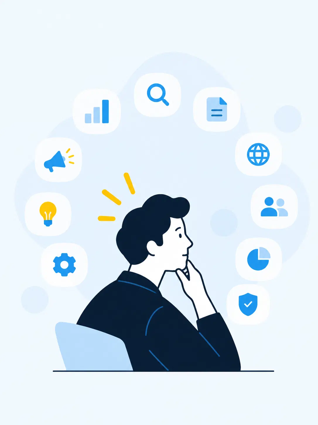 A person thinking, surrounded by icons for research, data, documents and markets