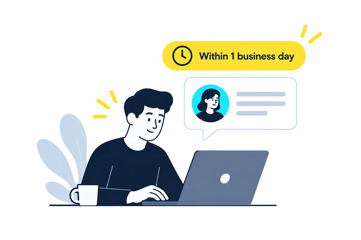 Someone at a laptop reading a reply, marked “within 1 business day”